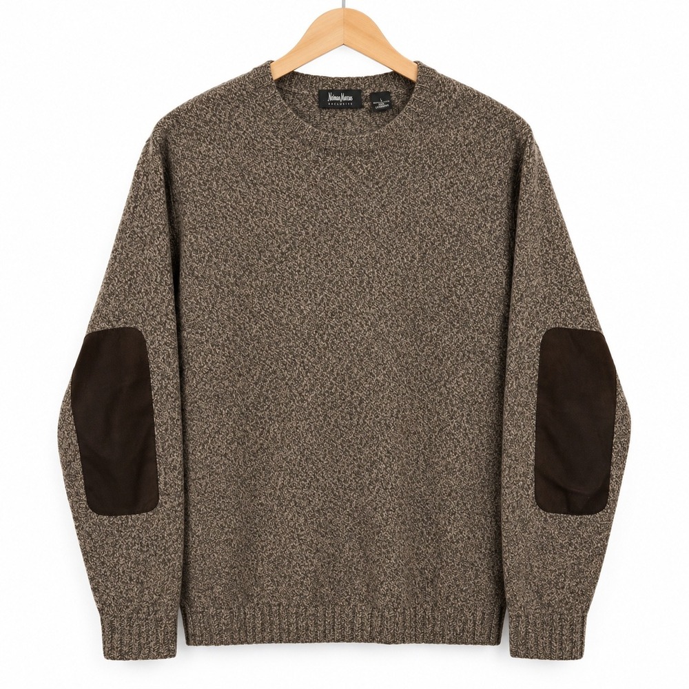 Neiman Marcus Mens Cashmere Suede Elbow Patch Sweater Brown Large